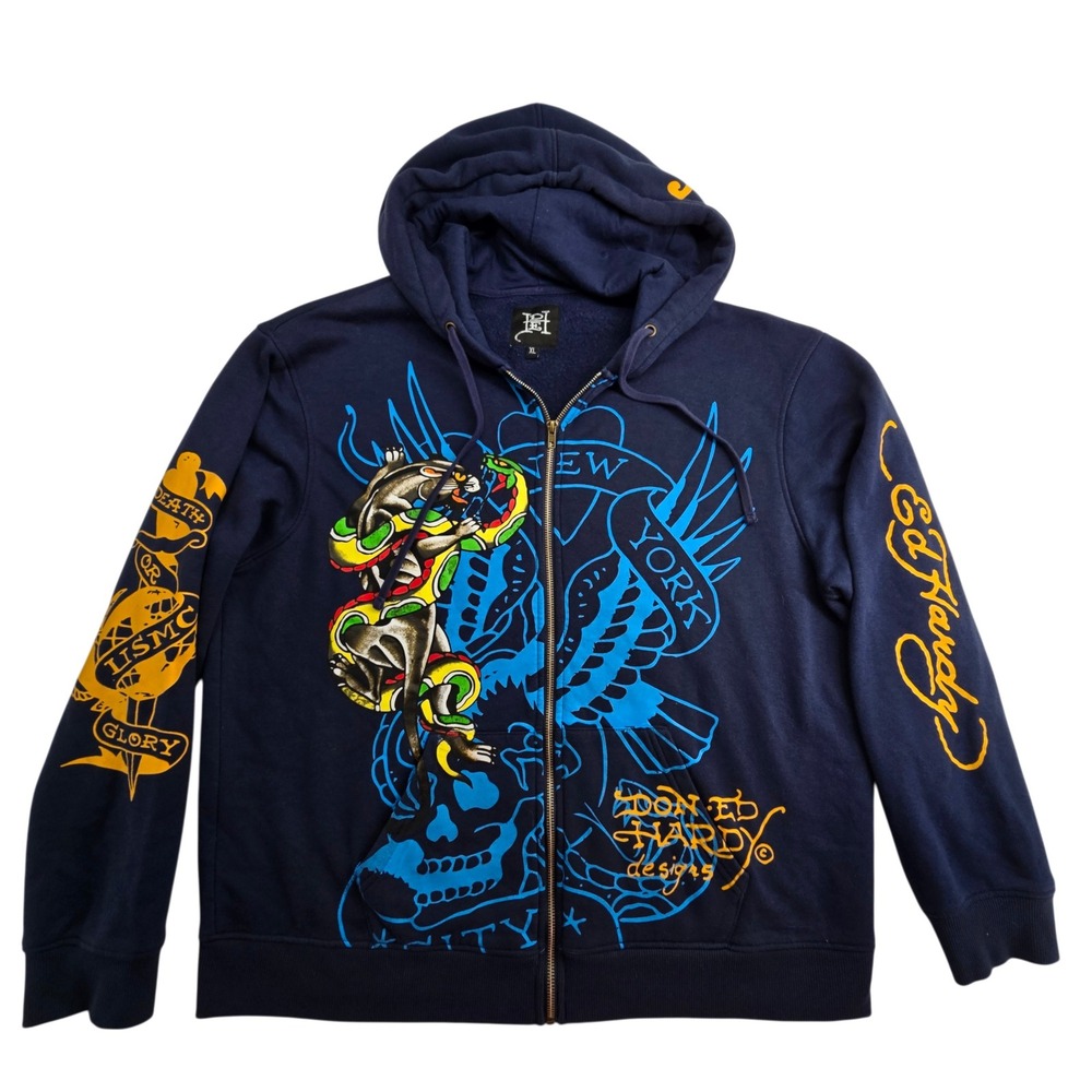 Ed Hardy Hoodie Mens XL Navy Blue Bulldog Panther USMC Tattoo Full Zip